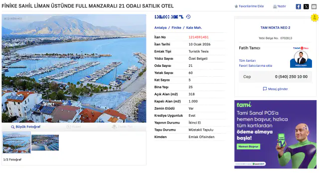 FİNİKE SAHİL LİMAN ÜSTÜNDE FULL MANZARALI 21 ODALI SATILIK OTEL — görsel 3