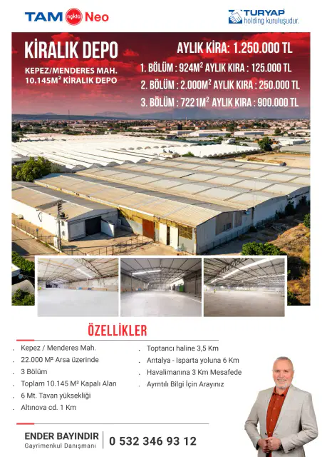 KEPEZ MENDERES MAH. EMSALSİZ 10.145 M2 KURUMSALA KİRALIK DEPO