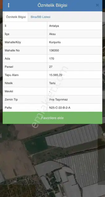 Ayşe Duvar 'dan Aksu Kurşunluda 15.565 M² Satılık Tarla