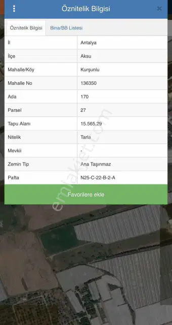 Ayşe Duvar 'dan Aksu Kurşunluda 15.565 M² Satılık Tarla